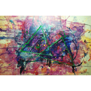 Abstract triangle art poster with vibrant red, blue, and green triangles on a white background. Embossed and gold foil details add depth and luxury.