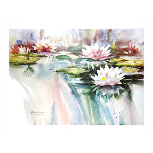The painting "A Shimmer of Light" by Brent Heighton. The artwork depicts a tranquil pond with lily pads and colorful koi fish swimming beneath the surface. The surrounding greenery is lush and vibrant.