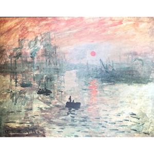 An image of 'Impression, Sunrise' by Claude Monet. This vibrant painting depicts the port of Le Havre, showcasing the artist's signature brushstrokes and atmospheric impressions.