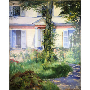 An image of 'The House at Rueil' by Edouard Manet. The painting depicts a charming country house surrounded by lush greenery, bathed in warm sunlight.