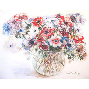 Anemones watercolor painting by Harriet Chaprack Kapel - A colorful depiction of a jar filled with vibrant anemones.