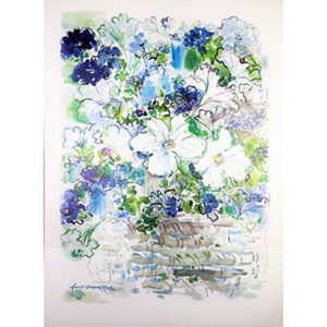 Watercolor painting of a bouquet of blue and white wildflowers overflowing from a wicker basket.
