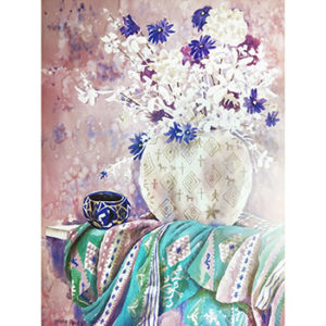 An art print by Helen Paul depicting a blue and white vase with flowers on a green cloth with African patterns set in a desert home.