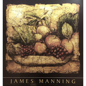 An image of 'Pompeiian Melange' by James Manning. The artwork depicts a fruit bowl painting on the walls of an ancient Pompeiian aristocrat's family rooms.