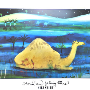 Camel and Falling Stars art by Mike Smith: A mesmerizing impressionistic painting depicting a camel in a desert landscape under a starry night sky.