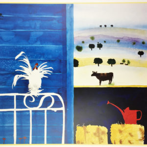 "Blue Barn" by Mike Smith - Offset lithograph poster depicting a blue-painted barn, chickens, a red watering can, and a grazing cow.