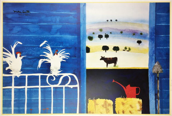"Blue Barn" by Mike Smith - Offset lithograph poster depicting a blue-painted barn, chickens, a red watering can, and a grazing cow.