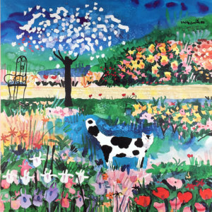 "Tree Becoming Clouds" by Mike Smith: A playful and colorful lithograph featuring a cat in a blooming garden, capturing the artist's joyful celebration of nature.