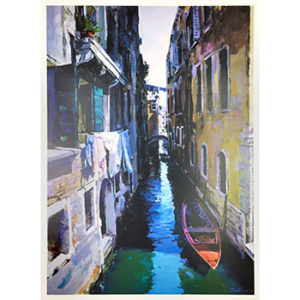 A colorful painting depicting a canal in Venice, Italy, with boats and buildings in the background.