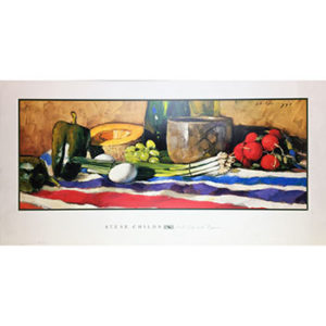 An image of 'Still Life with Groceries' by Steve Childs. The artwork features a colorful arrangement of fresh produce on a striped tablecloth.