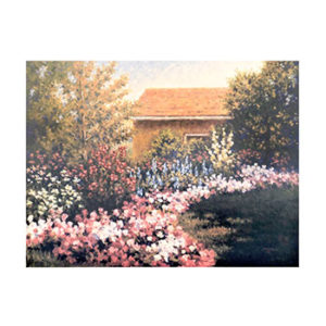 "Garden in Pink" by Steve McGinty - An exquisite oil painting depicting a vibrant flower garden in a rural setting.