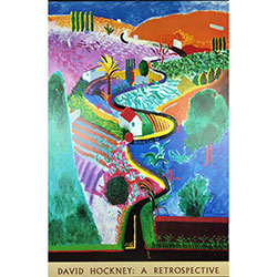 "Nichols Canyon" painting by David Hockney featuring a winding road with trees on both sides, surrounded by hills and mountains with a blue sky above.