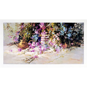 "Timeless Traditions" by Ted Goerschner - a vibrant floral painting featuring beautifully arranged flowers in vases.