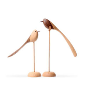 Polished Wood Long Tailed Bird, a handcrafted decorative item made from European beech and American walnut.