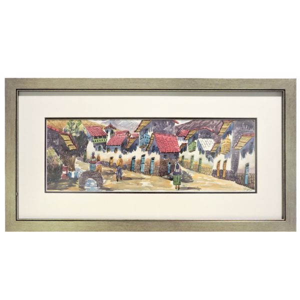 Watercolor painting of colorful streets in Peru, featuring vibrant roofs, doors, and bustling residents.