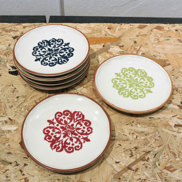 Adagir Mini Plates" set of 6 stoneware ceramic plates in blue, green, and red with Moroccan-inspired designs, 11cm in diameter.