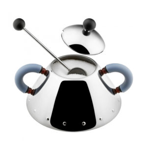 9097 sugar bowl by Alessi in silver with light blue handle, made of 8/10 stainless steel and PA, measuring 10.5cm x 8cm.