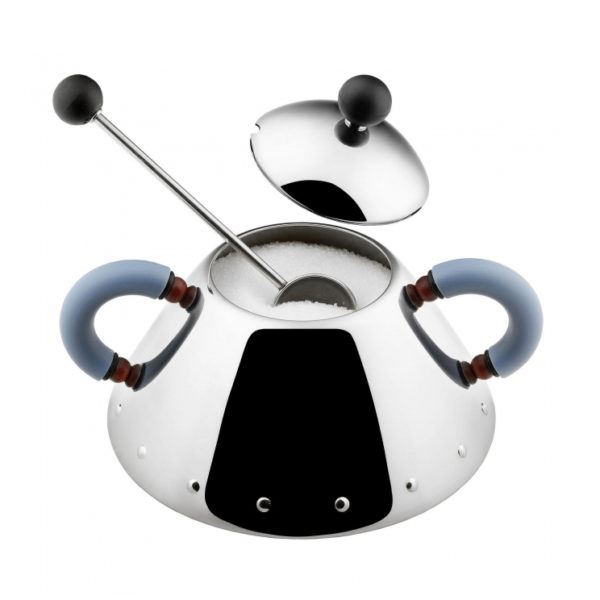 9097 sugar bowl by Alessi in silver with light blue handle, made of 8/10 stainless steel and PA, measuring 10.5cm x 8cm.