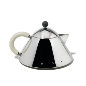 Alessi teapot designed by Michael Graves with ivory handle, mirror-polished finish, 19cm x 19cm x 14cm.