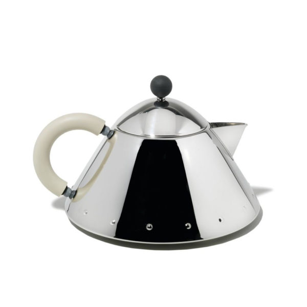 Alessi teapot designed by Michael Graves with ivory handle, mirror-polished finish, 19cm x 19cm x 14cm.
