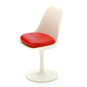The iconic design of the Miniature Tulip Chair by Eero Saarinen, crafted with ABS and PVC materials, at a scale of 1/12 and measuring H62 W40 D35 (mm). A white chair with red seat.
