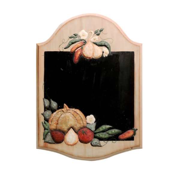 A wooden country-style chalkboard featuring pumpkins, garlic, and tomatoes illustrations, adding rustic charm to your home decor.