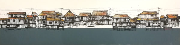 Acrylic painting of a serene fishing village with colorful houses along the shoreline and a dark green sea.