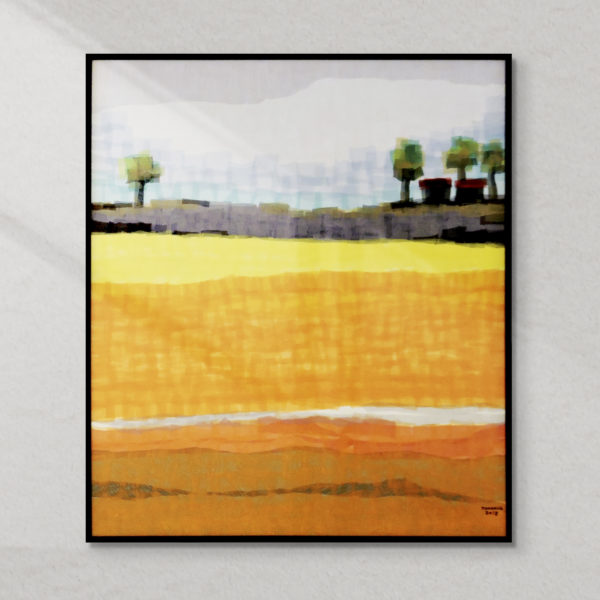 Fabric collage art by Thai artist Tanarug, featuring golden and orange tones reminiscent of paddy fields.