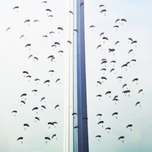 Skydiving from a skyscraper, a crowd of people taking a leap of faith and experiencing the excitement and adrenaline